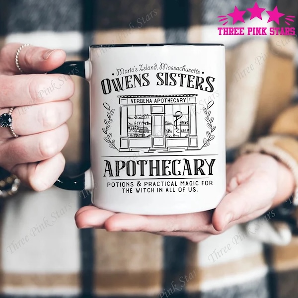 black and white mug with a shop storefront design bordered by text that reads Owens SIsters Apothecary