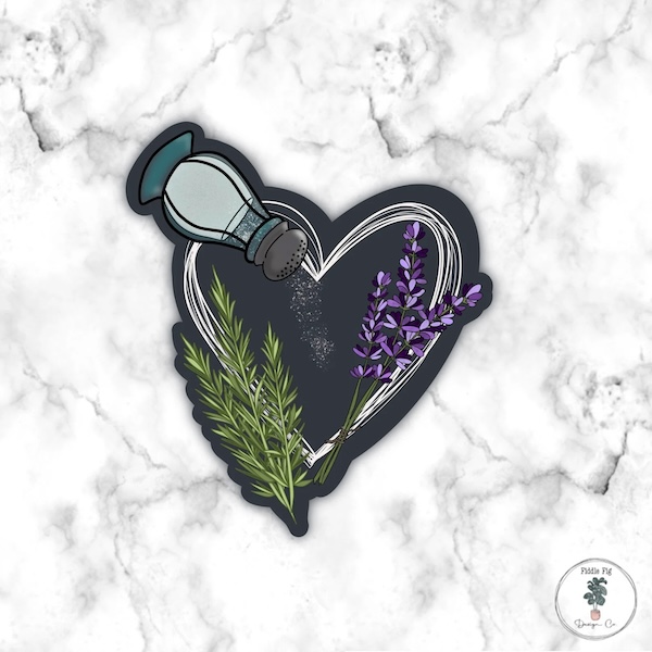 sticker in the shape of a heart with a shalt shaker, a spring of rosemary, and a spring of lavender at its edges