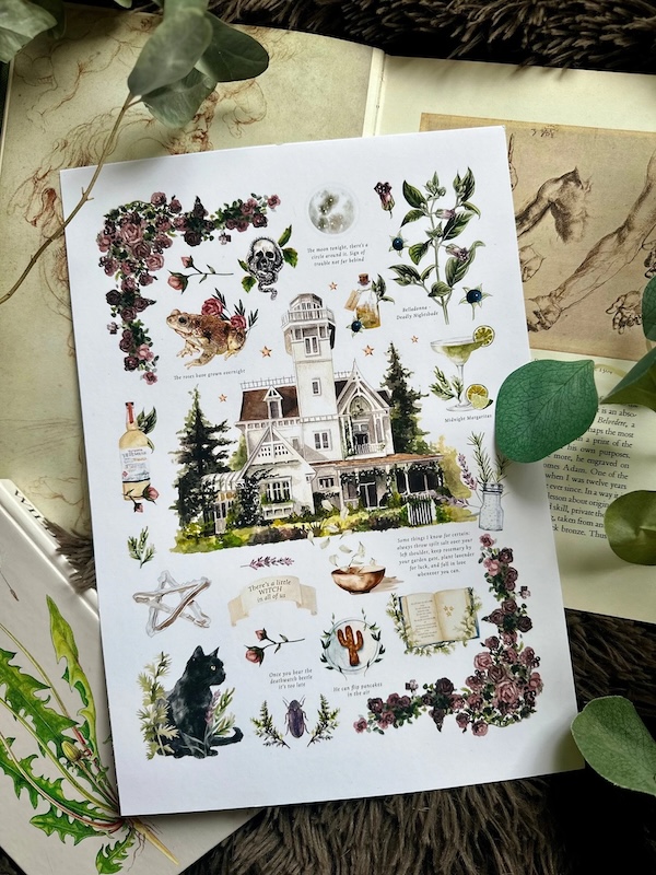 a watercolour print of the house from the film adaptation of Practical Magic, bordered by assorted plants, animals, and quotes from the book and movie