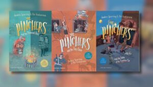 Book Covers of The Pinchers series (The Pinchers and the Curse of the Egyptian Cat, The Pinchers and the Dog Chase, and The Pinchers and the Diamond Heist) by Anders Sparring and illustrated by Per Gustavsson