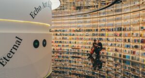 a bookstore or library with reflective ceilings and floors