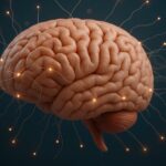 Image of a pink brain on a black background. From the brain are several yellow lights pointing in all directions.