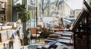 a brightly lit bookstore interior