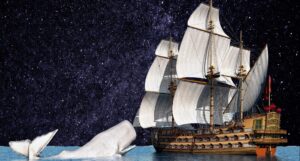 an illustrated of Moby Dick with a starry background