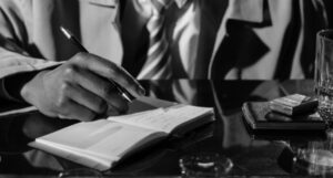 black and white photo of a person in a tie and trenchcoat writing in a notebook at a desk