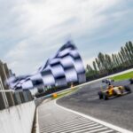 Formula race cars speeding towards the finish line