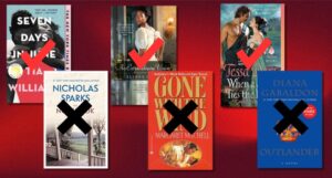 The covers of The Notebook, Gone with the Wind, and Outlander with an x over each and modern romance covers with checkmarks