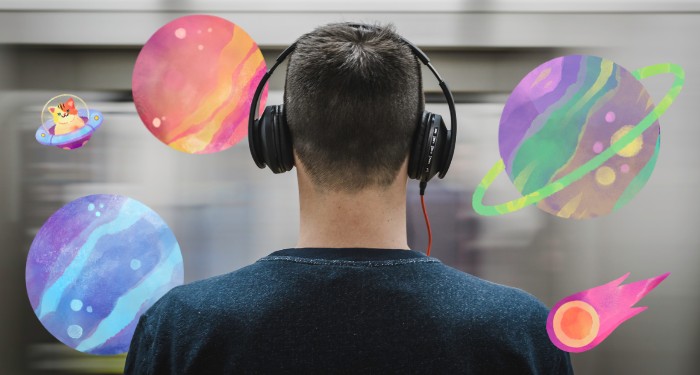 a person listening to headphones with watercolor planets around them
