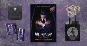 poster for Season 2 of Netflix's show Wednesday along with images of four Wednesday-themed goods: a tote, a backpack, a bookmark, and a stationery set