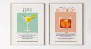 vintage-inspired art prints with different puns on book titles with drinks