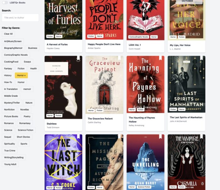 screenshot of New Release Index view of cover images using horror filter
