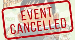 Image of a stamp reading "event canceled" in red. It is on top of the cover for the book The Day the Books Disappeared