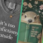 slanted collage of four images of bookish gifts: a bookmark, t-shirt, art print, and candle