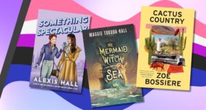 three book covers against a genderfluid flag