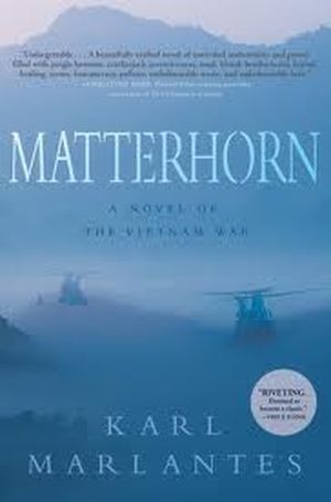 cover of Matterhorn by Karl Marlantes; image of helicopters flying over cloudy mountains