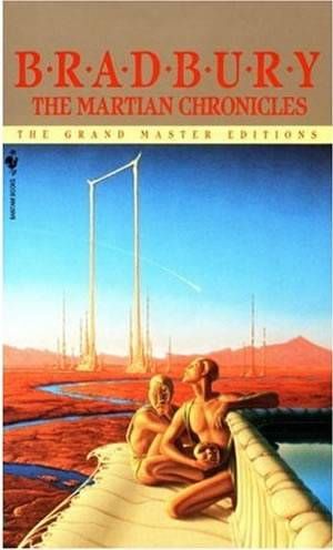Ray Bradbury'den Mars Günlükleri - kitap kapağı - küçük bir deniz taşıtında iki Marslı, arkalarında Mars manzarası