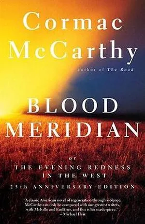 cover of Blood Meridian by Cormac McCarthy; photo of a setting sun across grassy plains