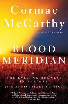 cover of Blood Meridian by Cormac McCarthy; photo of a setting sun across grassy plains