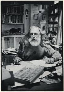 Edward Gorey in a studio with cats