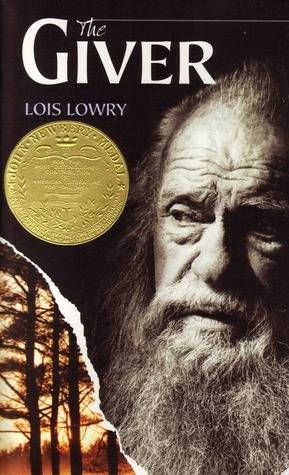 cover of The Giver by Lois Lowry; photo of an elderly man with a beard next to a small image of a forest