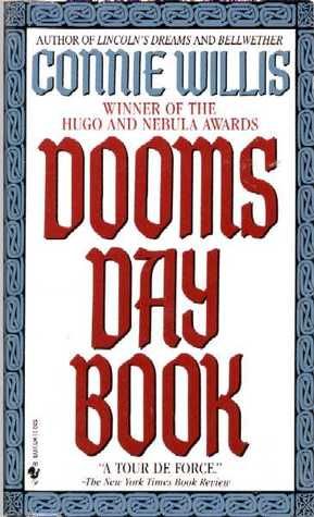 Cover of Doomsday Book by Connie Willis; red font with a blue Celtic design on the border