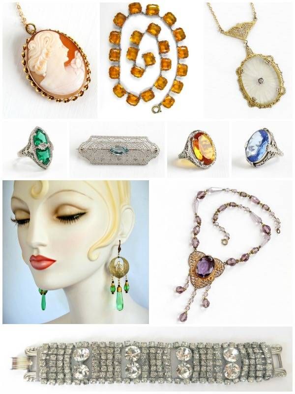 A glorious selection of Art Deco jewelry - a cameo, Czech glass earrings, a rhinestone bracelet, and a several lovely pieces of filigree - all perfect for your Phryne Fisher Halloween costume