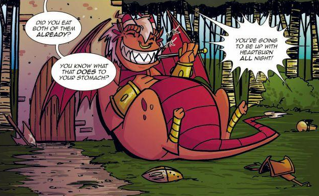 Sparky the dragon eating a knight with a smile on his face