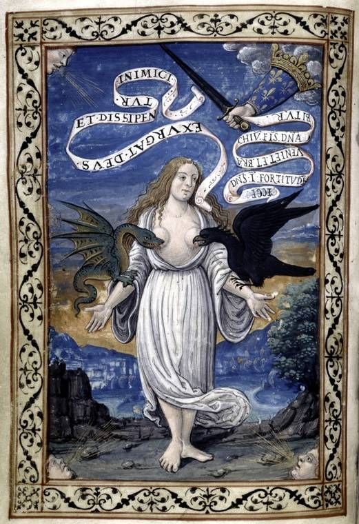 A page from an illuminated manuscript showing Italy as a woman is torn at by beasts, but protected by the hand of the king of France. Circa 1525 - 1550.