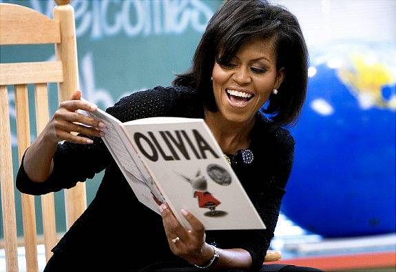 Michelle Obama reads to children at the ODU Child Study Center.