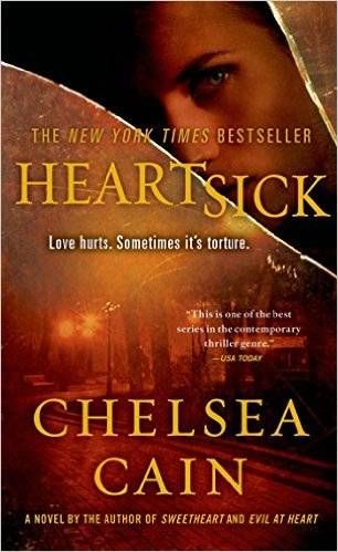 cover of Heartsick by Chelsea Cain; image of foggy night, with closeup of a woman's face peeking out of an upper corner