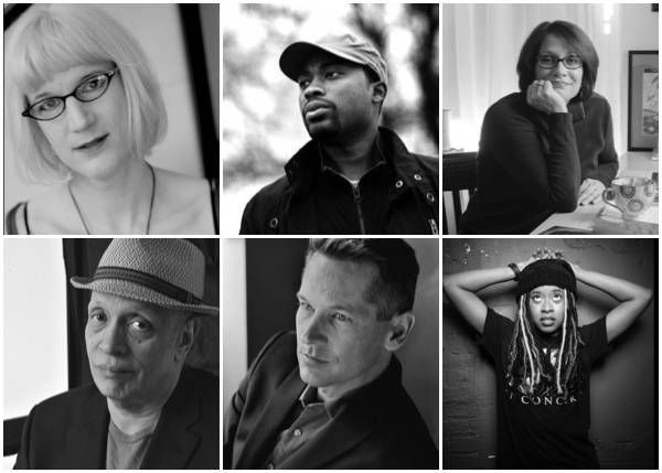 author photo collage with Charlie Jane Anders, Valentine De Landro, Meg Medina, Walter Mosley, Patrick Phillips, and Phoebe Robinson