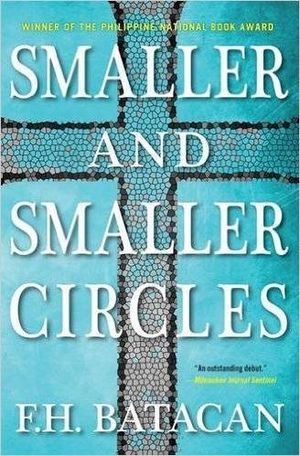 cover of Smaller and Smaller Circles by F.H. Batacan; ice blue with white font and a gray cross in the center