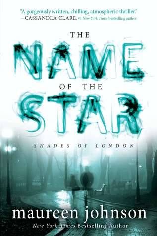 cover of The Name of the Star by Maureen Johnson; teal blurry font over blurry image of ghostly specters