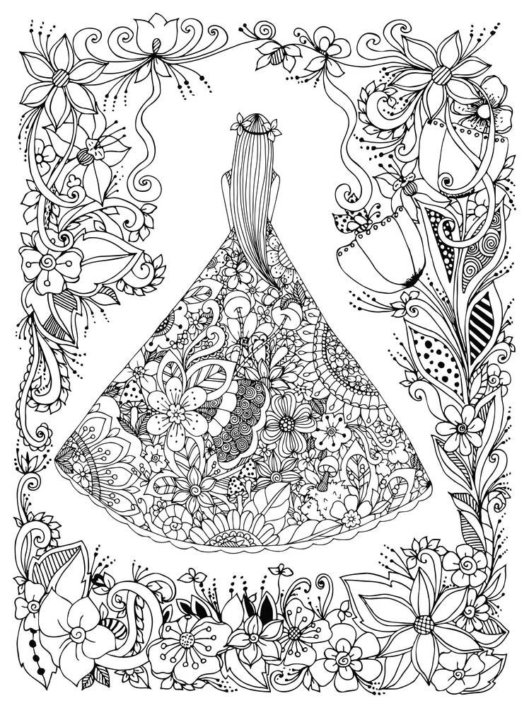 Vector illustration Zen Tangle girl in a floral dress. Doodle flowers, tree. Coloring book antis stress for adults. Black and white.