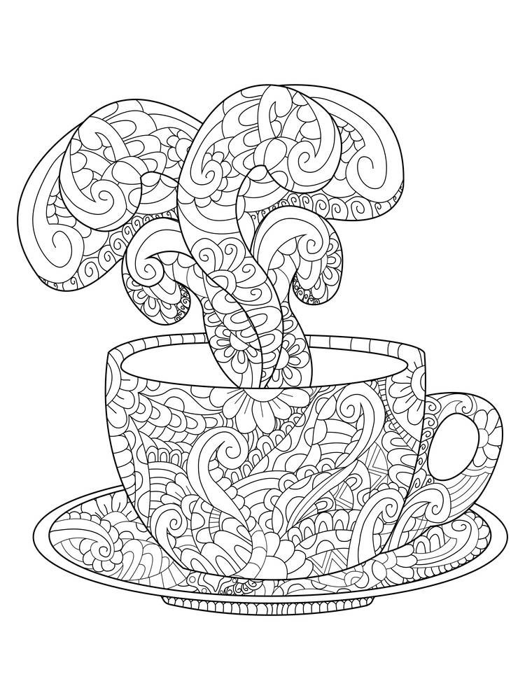 Zen art cup with hot steam. Zentangle style for the adult antistress coloring book on white background. Hand drawn zendoodle. Vector illustration. Adult coloring page teacup floral ornament.