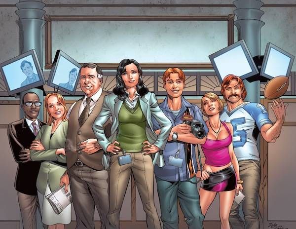 The Planet staff, by Jamal Igle. Left to right: Ron Troupe, Lana Lang, Perry White, Lois Lane, Jimmy Olsen, Cat Grant, and Steve Lombard. (Sorry I called you z-list, Ron.)