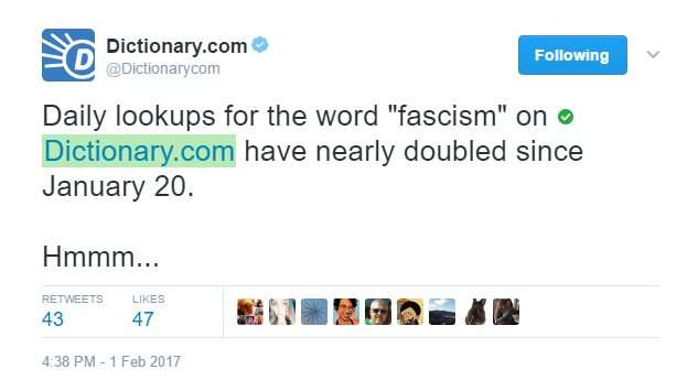 Dictionary.com tweet about lookups for the word "fascism"