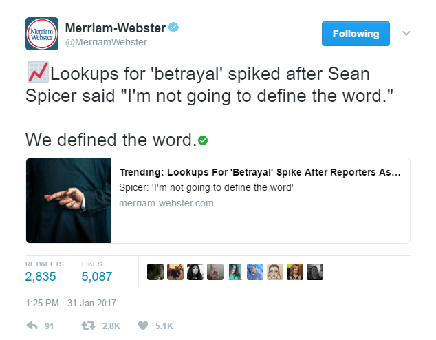 Merriam-Webster tweet with definition for the word "betrayal"