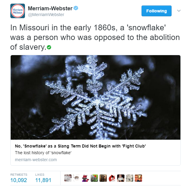 Merriam-Webster tweet with history of the term "snowflake"