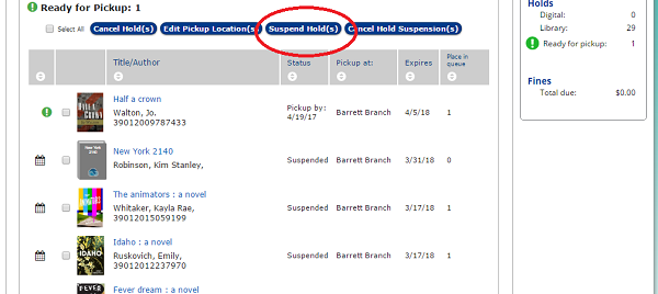 Screenshot of Library Hold List with Suspend Holds Feature