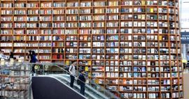 A beautiful wall of books at the newly opened Starfield Library in Seoul, South Korea.