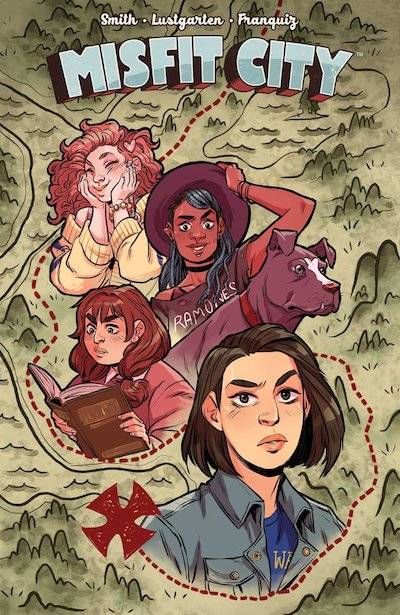 Misfit City book cover - illustration of four female-presenting friends and a dog against a map background