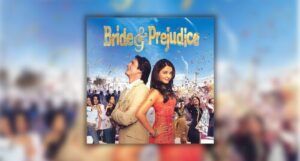 promotional image from Bollywood show Bride and Prejudice, showing a white man and South Asian woman standing back to back with a crowd of people behind them