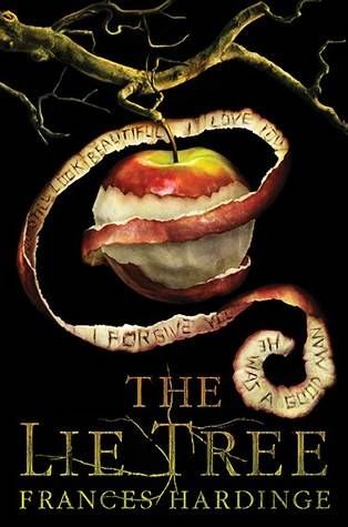 cover if The Lie Tree by Frances Hardinge; illustration of an apple hanging from a brach with its skin peeling off and words written under the skin