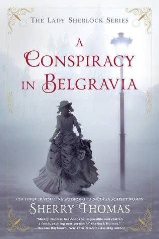 A Conspiracy in Belgravia cover image: black and white foggy street with woman in ruffled victorian dress running away