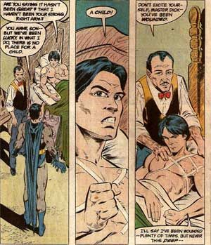 Batman talks to a wounded Dick Grayson and tells him he's no longer Robin.