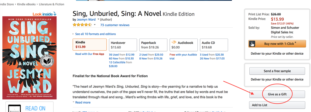 Screenshot of how to gift a kindle book in the Amazon store