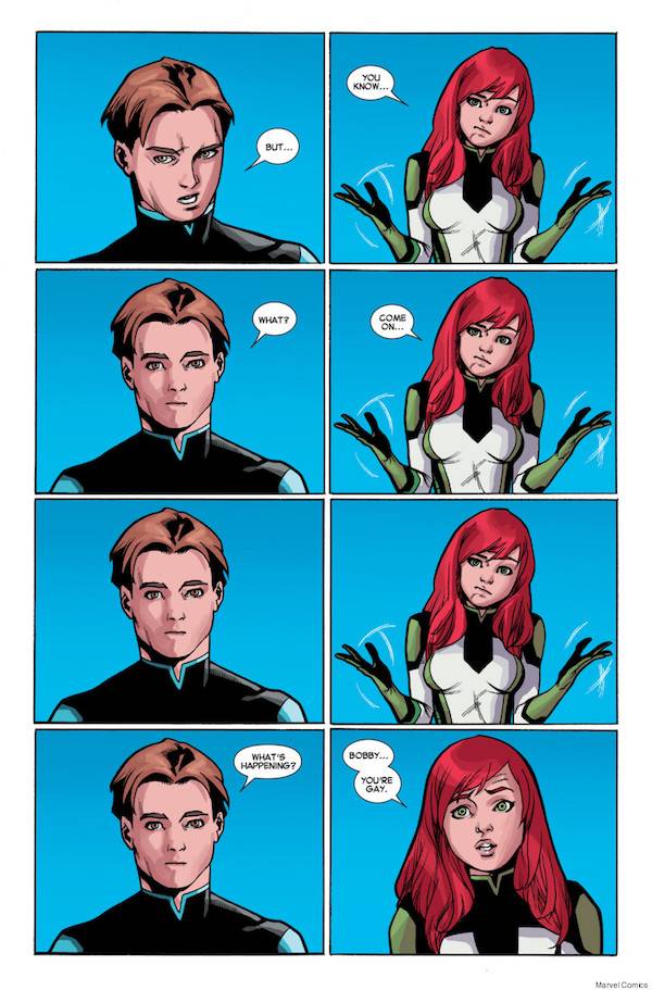 Teenage Jean Grey tells teenage Bobby Drake he is gay