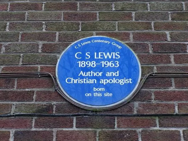 blue plaque marking the birthplace of C.S. Lewis at Dundela Flats in Belfast - C.S. Lewis trail in Belfast