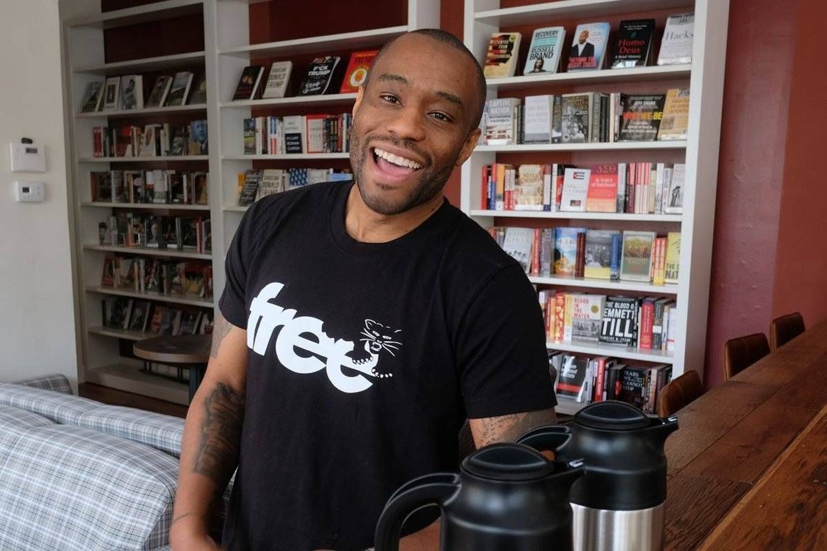 Marc Lamont Hill in his new bookstore in Philadelphia, Uncle Bobbie's Coffee and Books.
